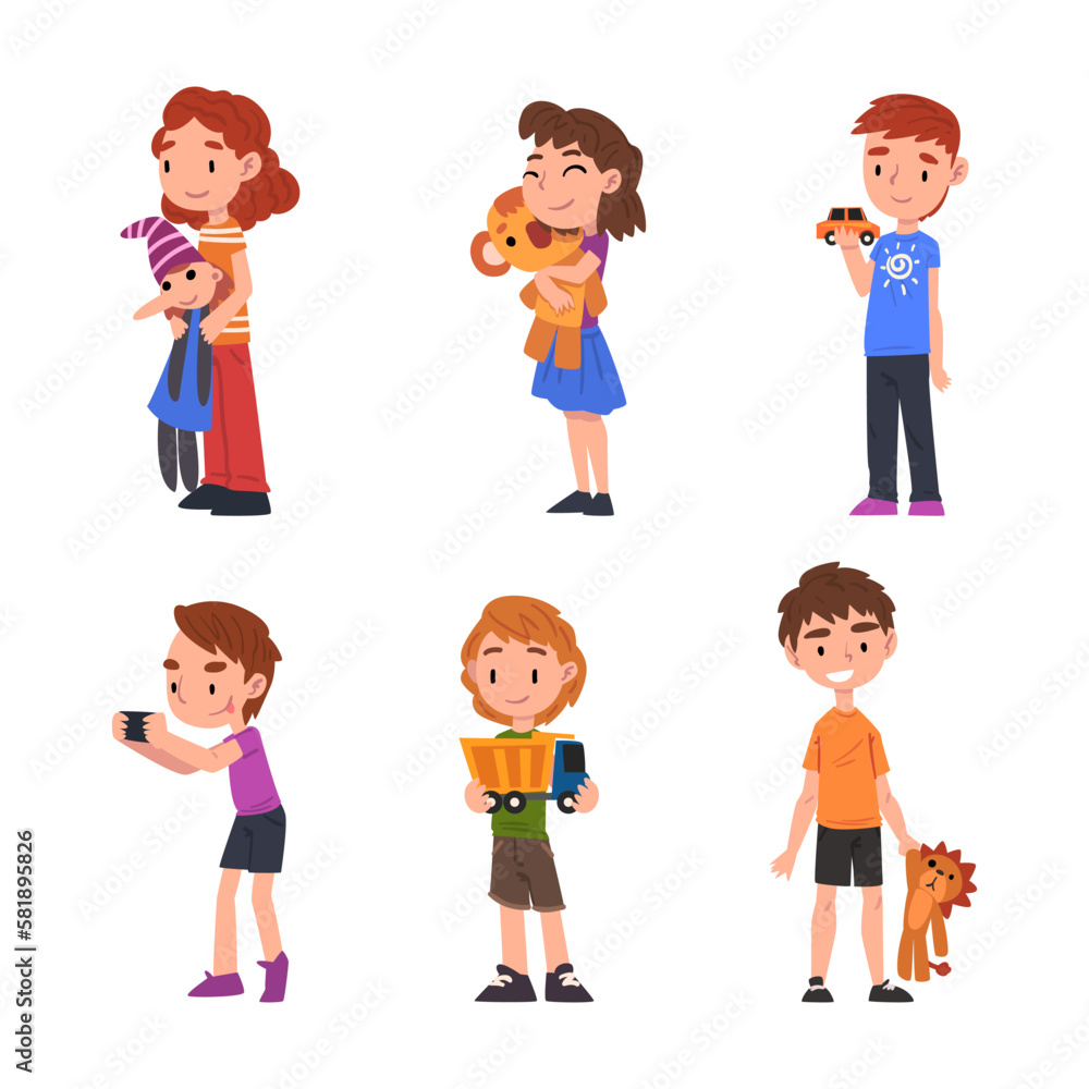 Little Boy and Girl Holding Favorite Toy Vector Set Little Boy and Girl Holding Favorite Toy Vector Set