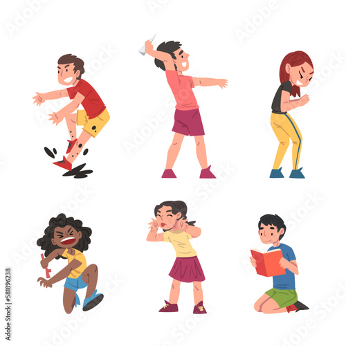 Little Boy and Girl Having Good and Bad Manner Vector Set