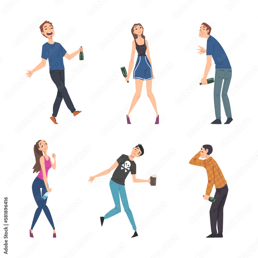 Man and Woman with Alcohol Bottle in Hands Drinking Spirits Vector Set Man and Woman with Alcohol Bottle in Hands Drinking Spirits Vector Set