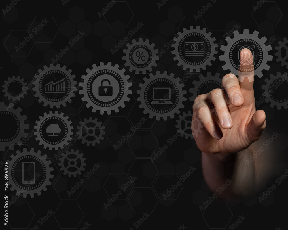 Male hand selects with a finger, opens access. Internet, security, password, fingerprint. Male hand selects with a finger, opens access. Internet, security, password, fingerprint.