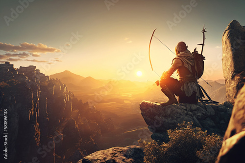 A skilled archer perched on a rocky cliff  stunning landscape and the archer s impressive range. golden hour glow  with sun setting behind the archer and casting soft  warm light across the scene.