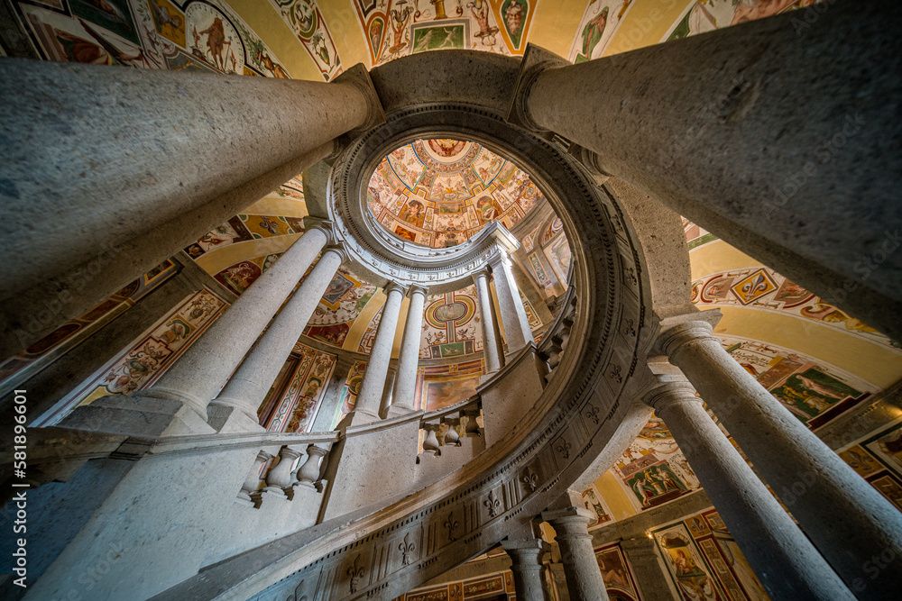 Marvelous frescoed staircase in Farnese Palace in Caprarola, Province of Viterbo, Lazio, Italy.  - obrazy, fototapety, plakaty 