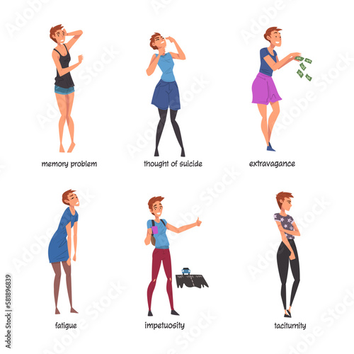 Woman with Bipolar Disorder Symptoms Suffering from Neurological Disease Vector Set