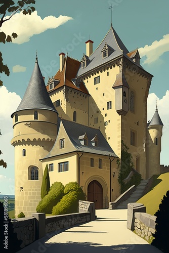 cartoon illustration, chateau de castelnaud chapel dordogne france, generative ai photo