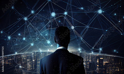 Global business connections background illustration. Concept of trade, networks, financial infastructure and internet of things. Male with suits and smart grid data visualization.