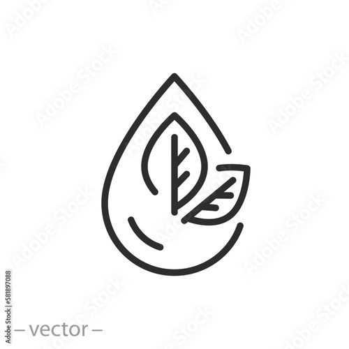 fresh water icon, natural flavors, drop and leaf, thin line symbol on white background - editable stroke vector illustration eps10