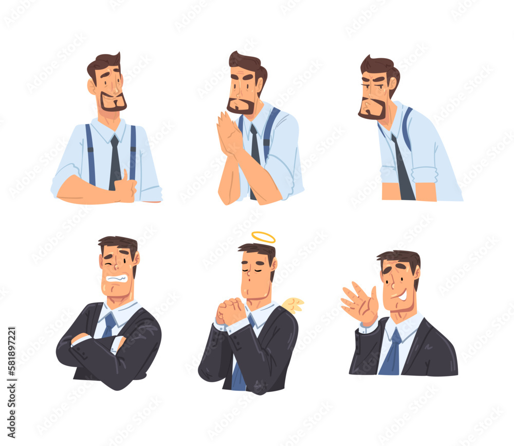 Man Businessman in Shirt and Tie Expressing Different Emotion Vector Set Man Businessman in Shirt and Tie Expressing Different Emotion Vector Set
