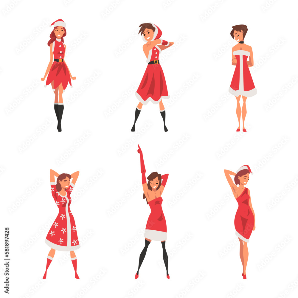 Pretty Woman Wearing Red Santa Claus Costume Standing with Beaming Smile on Her Face Vector Set Pretty Woman Wearing Red Santa Claus Costume Standing with Beaming Smile on Her Face Vector Set