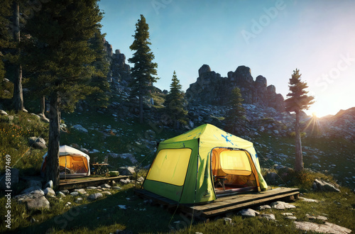 Tourist tent in mountains at sunset. Travel concept. Generative AI.