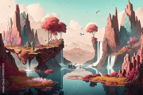 Fantasy Land | A surreal landscape with floating islands, cascading waterfalls, and colorful flora. dreamlike with a soft focus and a pastel color palette. Ai.