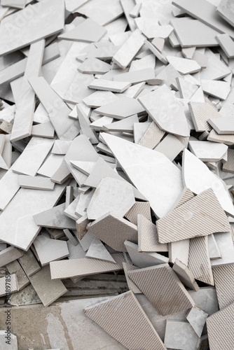 A heap of Shattered ceramic tiles, Renovation Construction Waste.