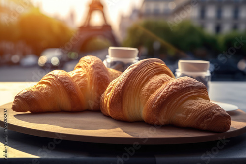  Delicious french breakfast with coffee on the terrace of a modern café in Paris