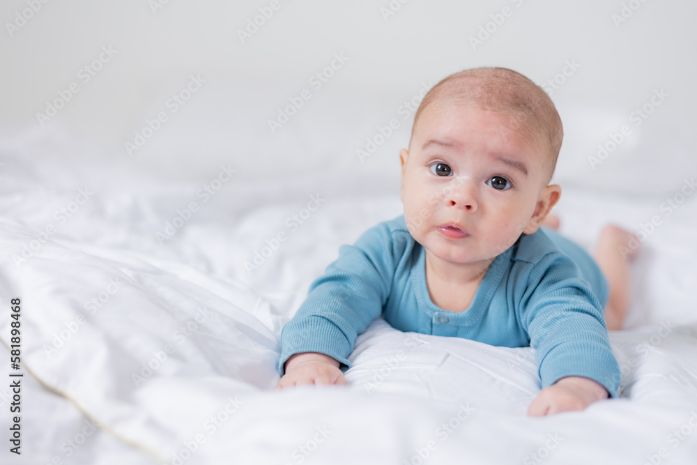 portrait of a cute baby in a blue bodysuit lying on his stomach to the bed. The child is 4 months old. Space for text portrait of a cute baby in a blue bodysuit lying on his stomach to the bed. The child is 4 months old. Space for text