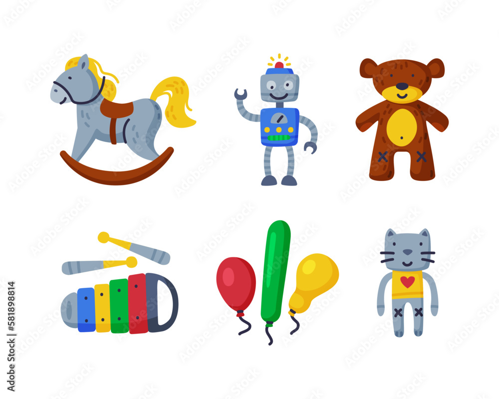 Obraz premium Different Colorful Kids Toy from Nursery Vector Set