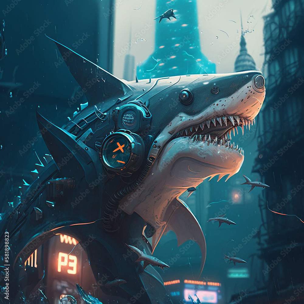 Shark in cyberpunk style in the city.