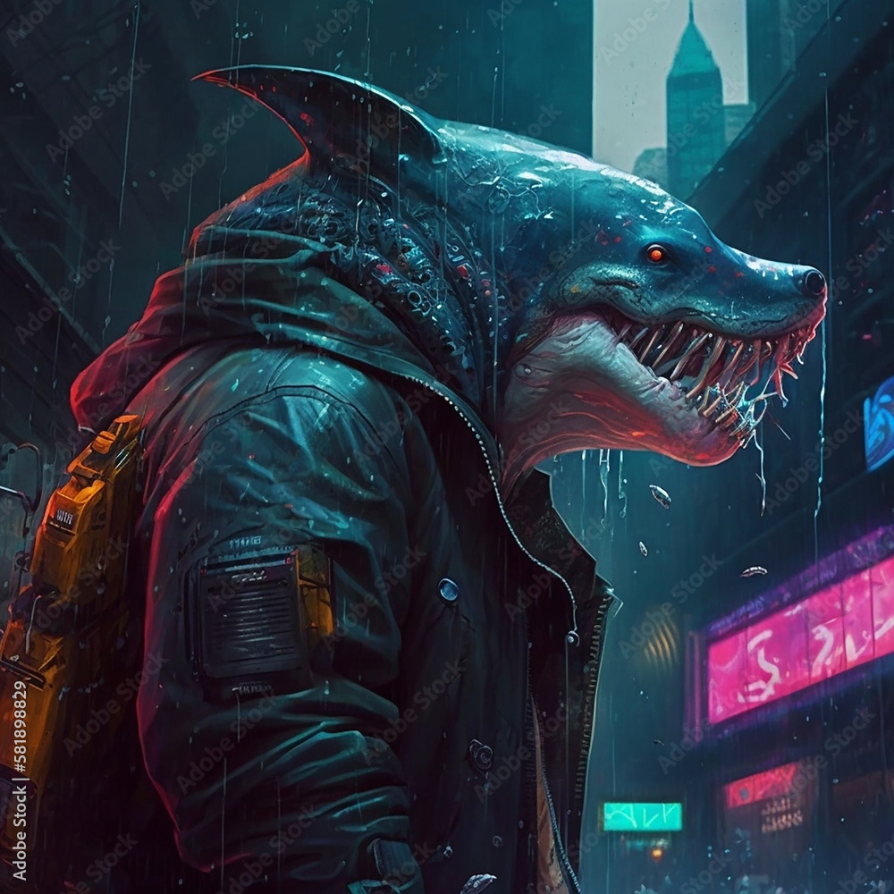 Shark in cyberpunk style in the city.
