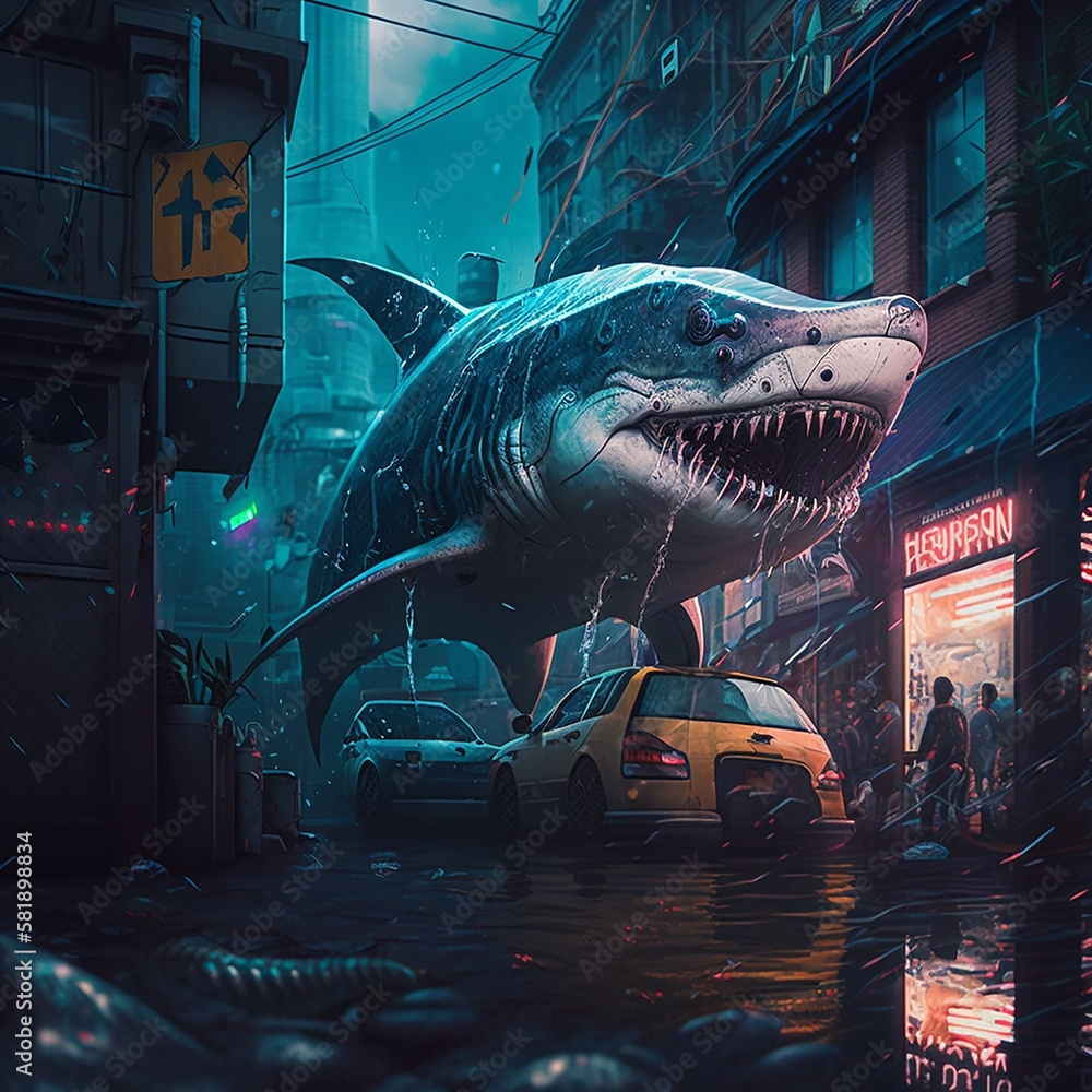 Shark in cyberpunk style in the city.