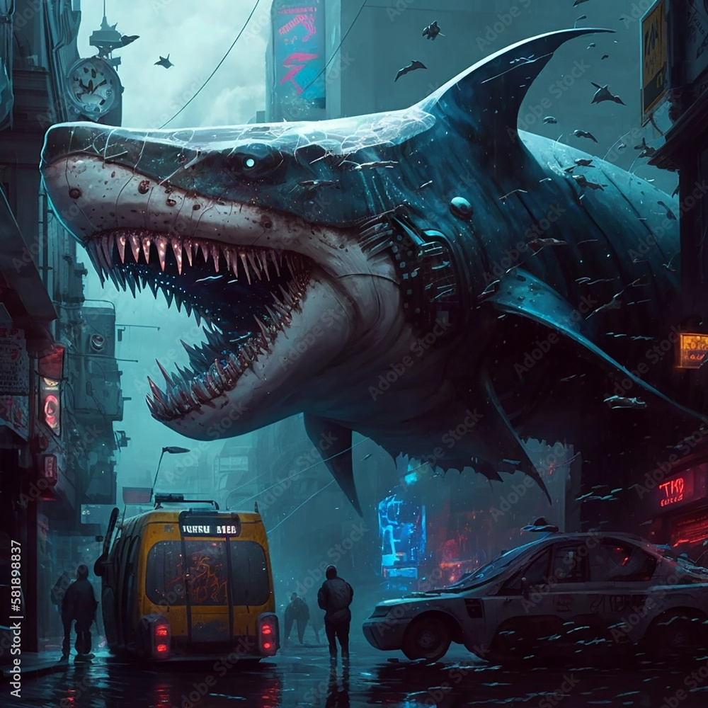 Shark in cyberpunk style in the city.
