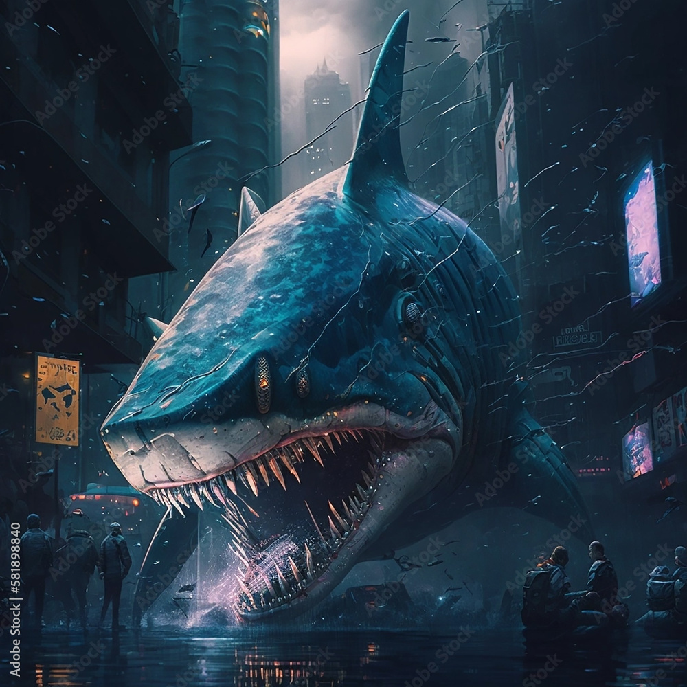 Shark in cyberpunk style in the city.