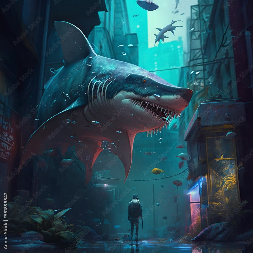 Shark in cyberpunk style in the city.