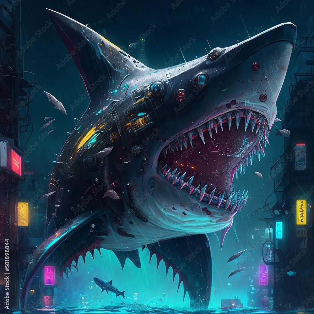 Shark in cyberpunk style in the city.