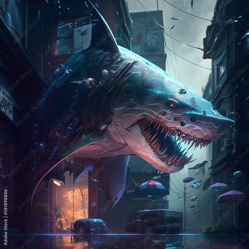 Shark in cyberpunk style in the city.