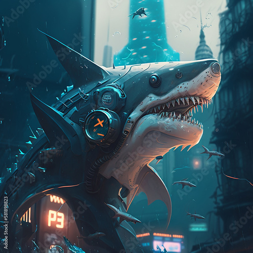 Obraz na płótnie Shark in cyberpunk style in the city. w salonie