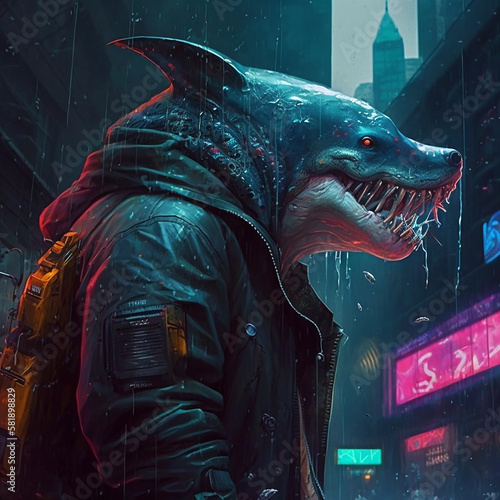 Obraz na płótnie Shark in cyberpunk style in the city. w salonie