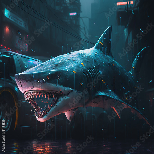 Obraz na płótnie Shark in cyberpunk style in the city. w salonie