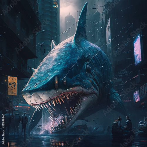 Obraz na płótnie Shark in cyberpunk style in the city. w salonie