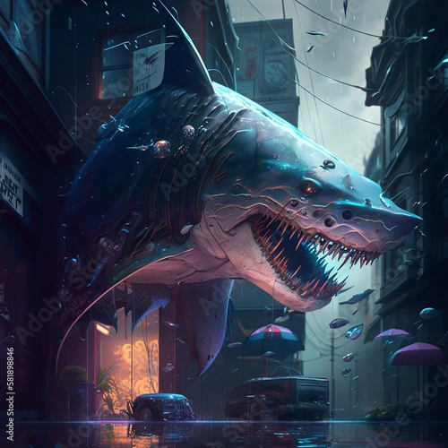 Obraz na płótnie Shark in cyberpunk style in the city. w salonie