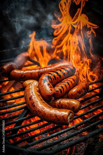illustration, delicious tasty sausages on fire prepared on the grill ,generative ai