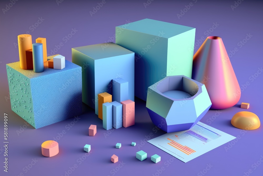 3d illustration of abstract geometric shapes composition in purple and blue colors