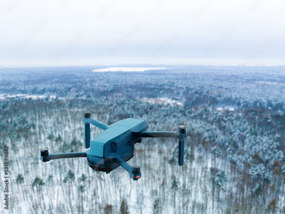 Fototapeta premium Aerial drone view on the background of trees and nature landscape. The concept of flying a drone, taking photos using a drone, aerial filming.