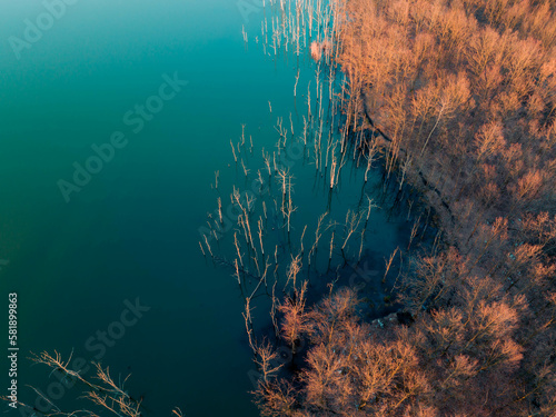 Forest by the lake  pond during sunset. Beautiful sunset over water and trees. View from the drone on the forest and lake  landscape.