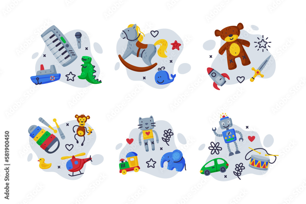 Different Colorful Kids Toy from Nursery Vector Composition Set