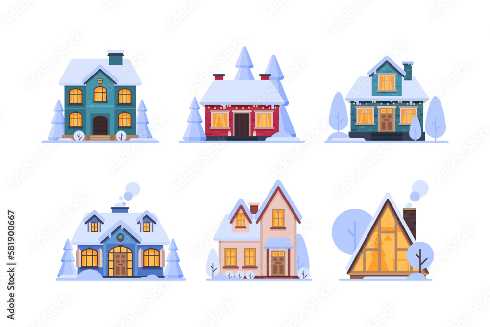 Country House in Winter Season with Chimney and Roof Covered with White Snow Vector Set