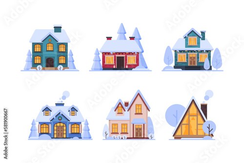 Country House in Winter Season with Chimney and Roof Covered with White Snow Vector Set