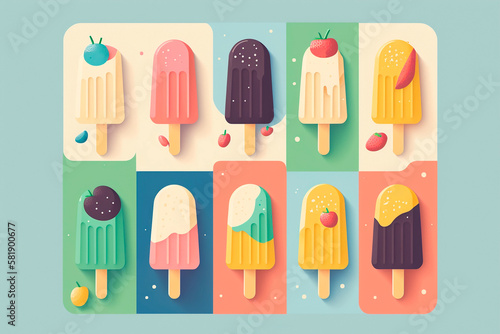 Popsicles ice cream with topping with berries and fruits. Refreshing summer dessert. Generative AI 