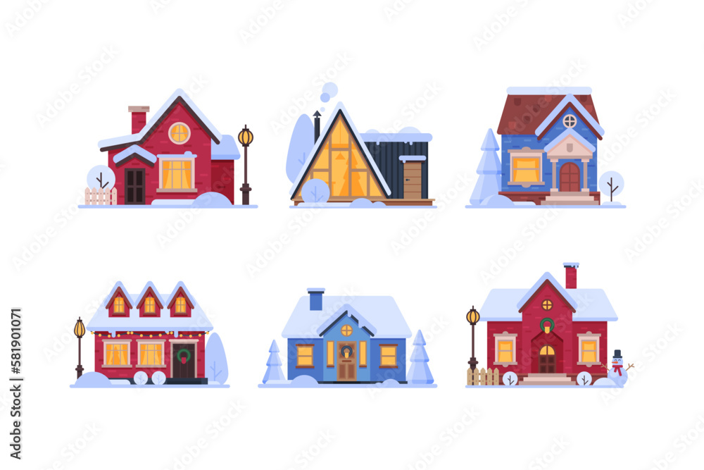 Country House in Winter Season with Chimney and Roof Covered with White Snow Vector Set Country House in Winter Season with Chimney and Roof Covered with White Snow Vector Set
