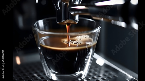 Close-up of espresso pouring from coffee machine. Professional coffee brewing. Generative Ai