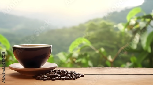 Hot coffee cup with organic coffee beans on the wooden table and the plantations background with copy space.Generative Ai