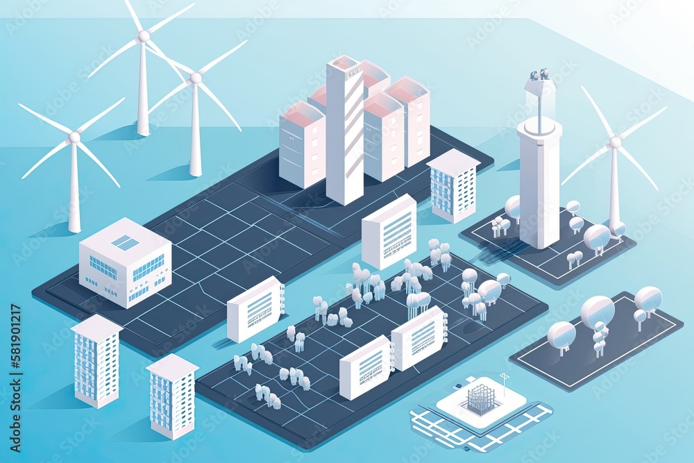 solar cell plant and wind generators in urban area connected to smart grid.Energy supply,eolic turbine,distribution of energy,Powerplant,energy transmission,high voltage supply concept - Generative AI