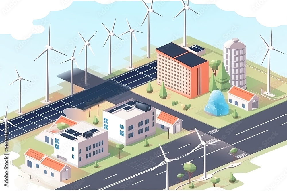 solar cell plant and wind generators in urban area connected to smart grid.Energy supply,eolic turbine,distribution of energy,Powerplant,energy transmission,high voltage supply concept - Generative AI