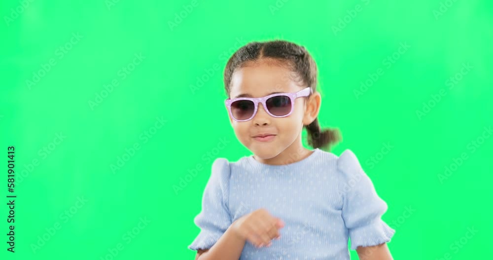 Face, sunglasses and girl dancing, funny and green screen with