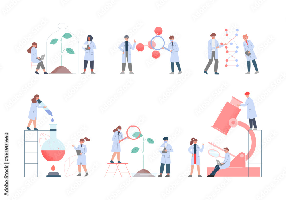 Scientist in Lab with Tiny People Character in White Coat Doing Chemical Research with Huge Laboratory Equipment Vector Set