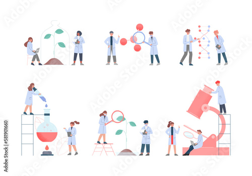 Scientist in Lab with Tiny People Character in White Coat Doing Chemical Research with Huge Laboratory Equipment Vector Set