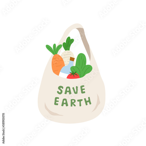 Reusable fabric shopping bag. Concept of zero waste, save world save earth, eco friendly, no plastic bag, supermarket shopping bag. Flat vector illustration. Daily eco life. 