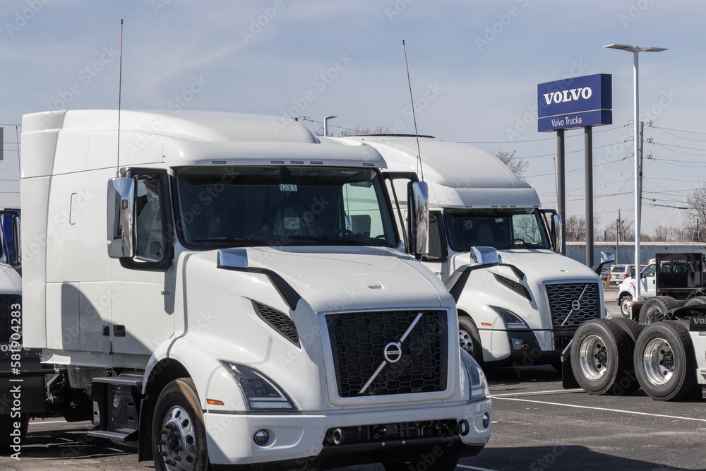 Volvo Semi Tractor Trailer Big Rig Truck display at a dealership. Volvo Trucks is one of the