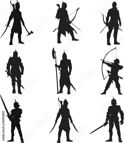 a set of medieval warriors. black and white silhouettes of people for coloring. historical hobby